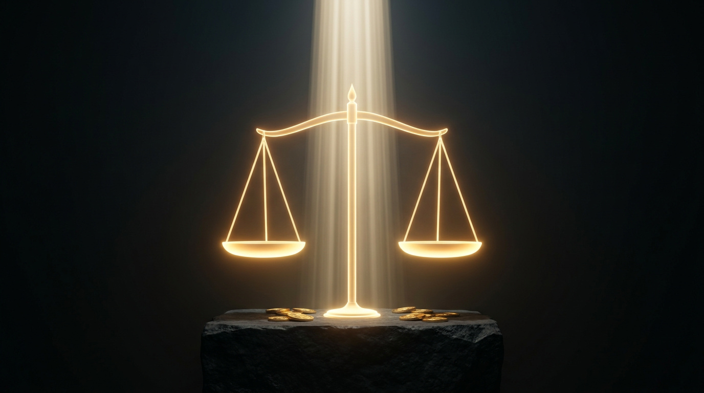 Waage der Justiz vor einer einzelnen zentralen Lichtsäule