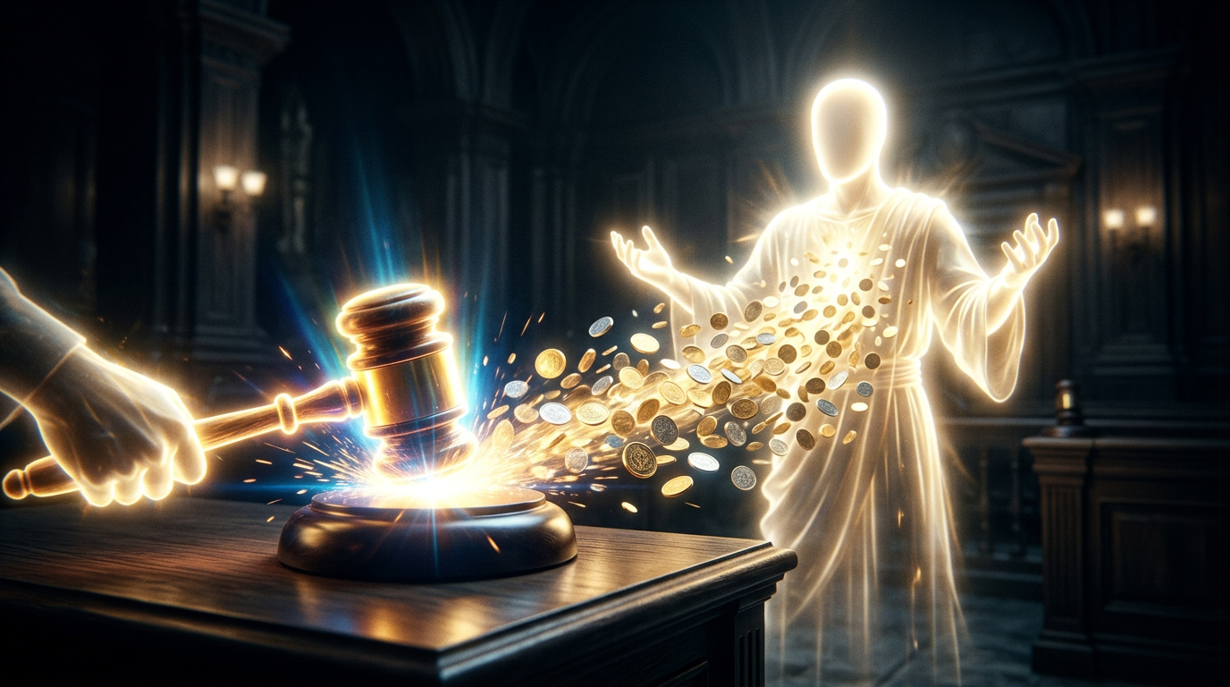 Richterhammer mit Münzen die zu einer Lichtfigur zurückfließen