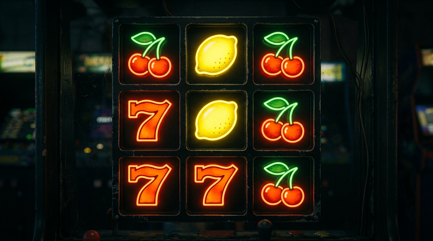 Klassische Retro-Früchtesymbole leuchtend auf einem dunklen Raster