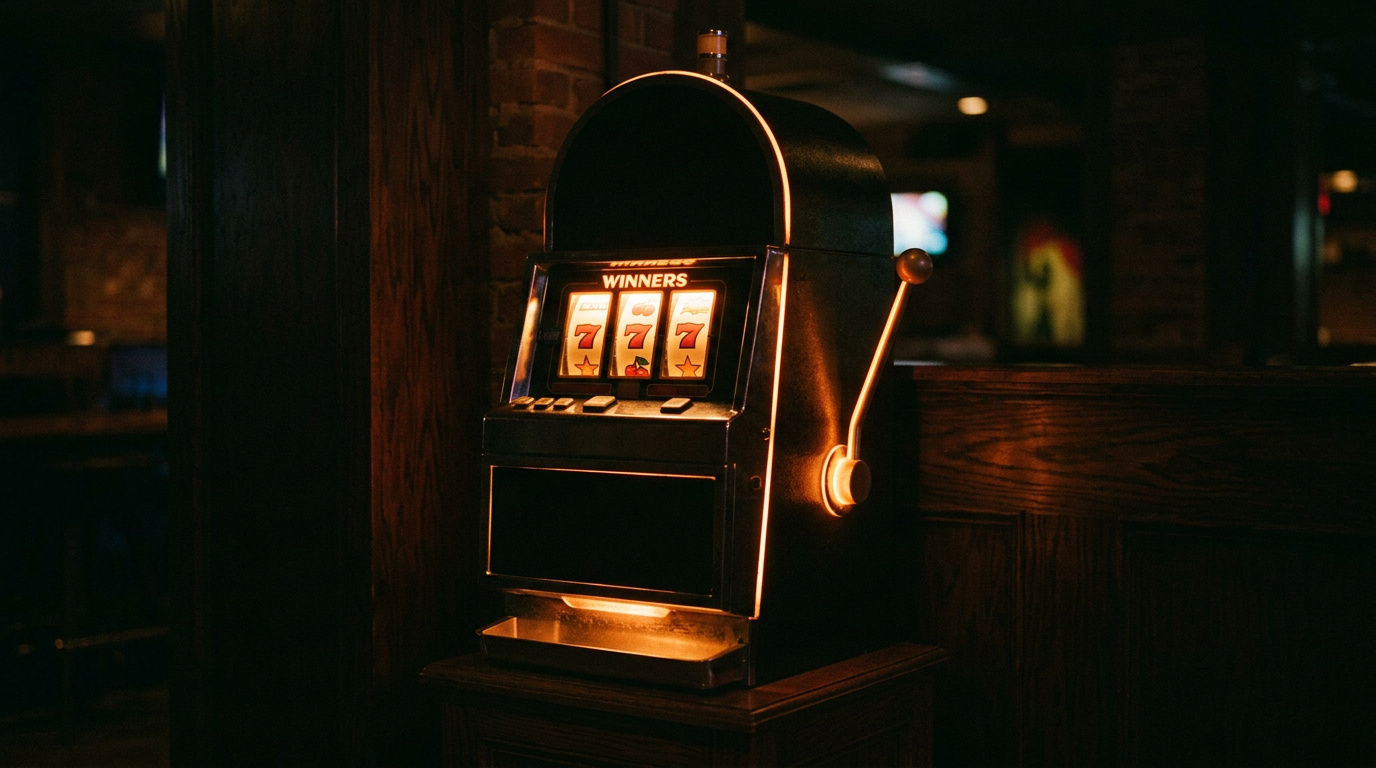 Leuchtende Vintage-Spielautomat-Silhouette mit warmem Licht