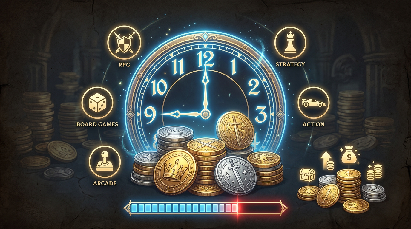 Uhr über einem Münzstapel mit Spielkategorie-Symbolen