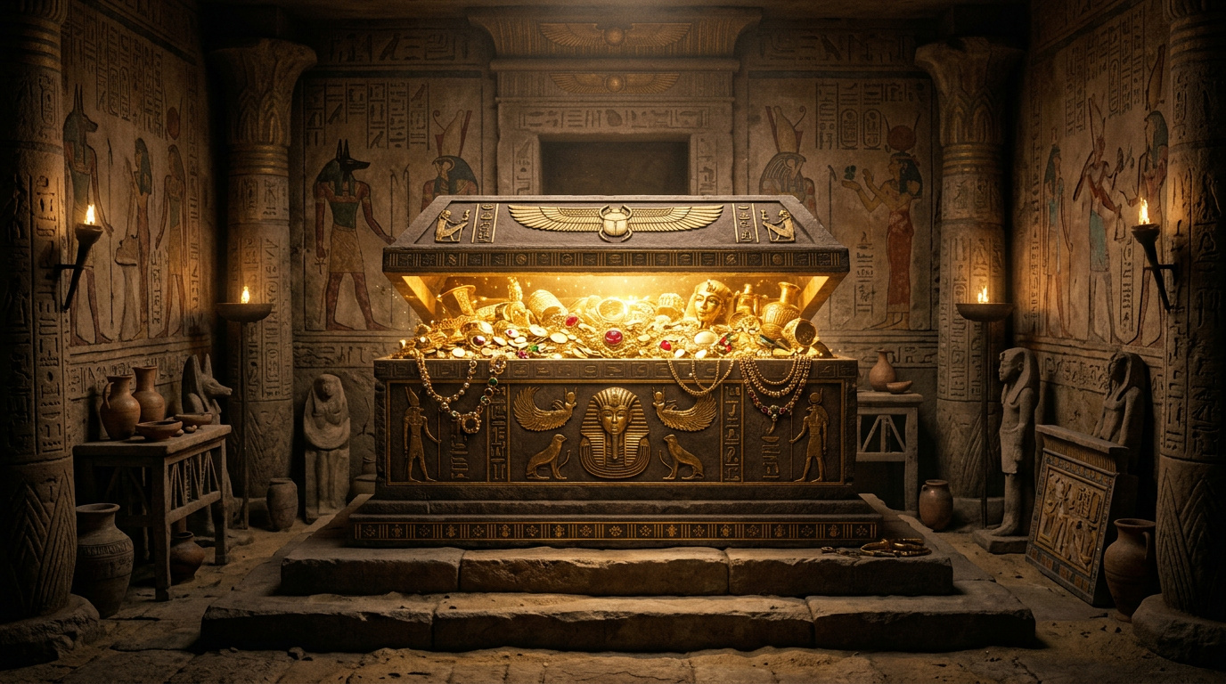 Sarkophag mit goldenem Schatz in einer ägyptischen Kammer