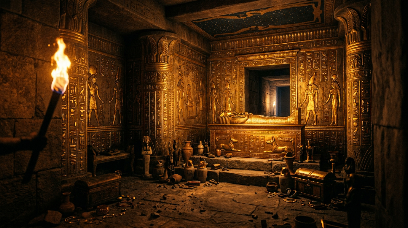 Antiikin egyptiläinen hauta hieroglyfiseinillä hehkuen soihdunvalossa