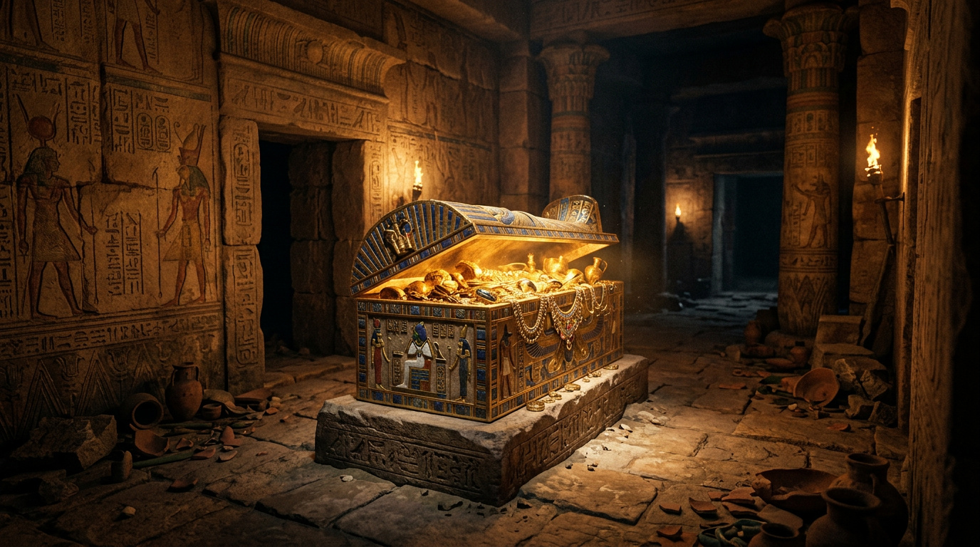 Sarkofagi kultaisella aarteella egyptiläisessä kammiossa