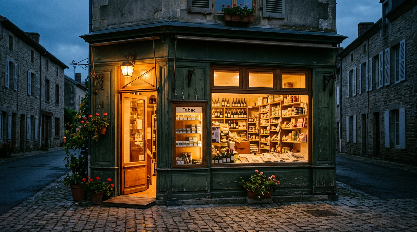 Petite boutique française lumineuse au crépuscule