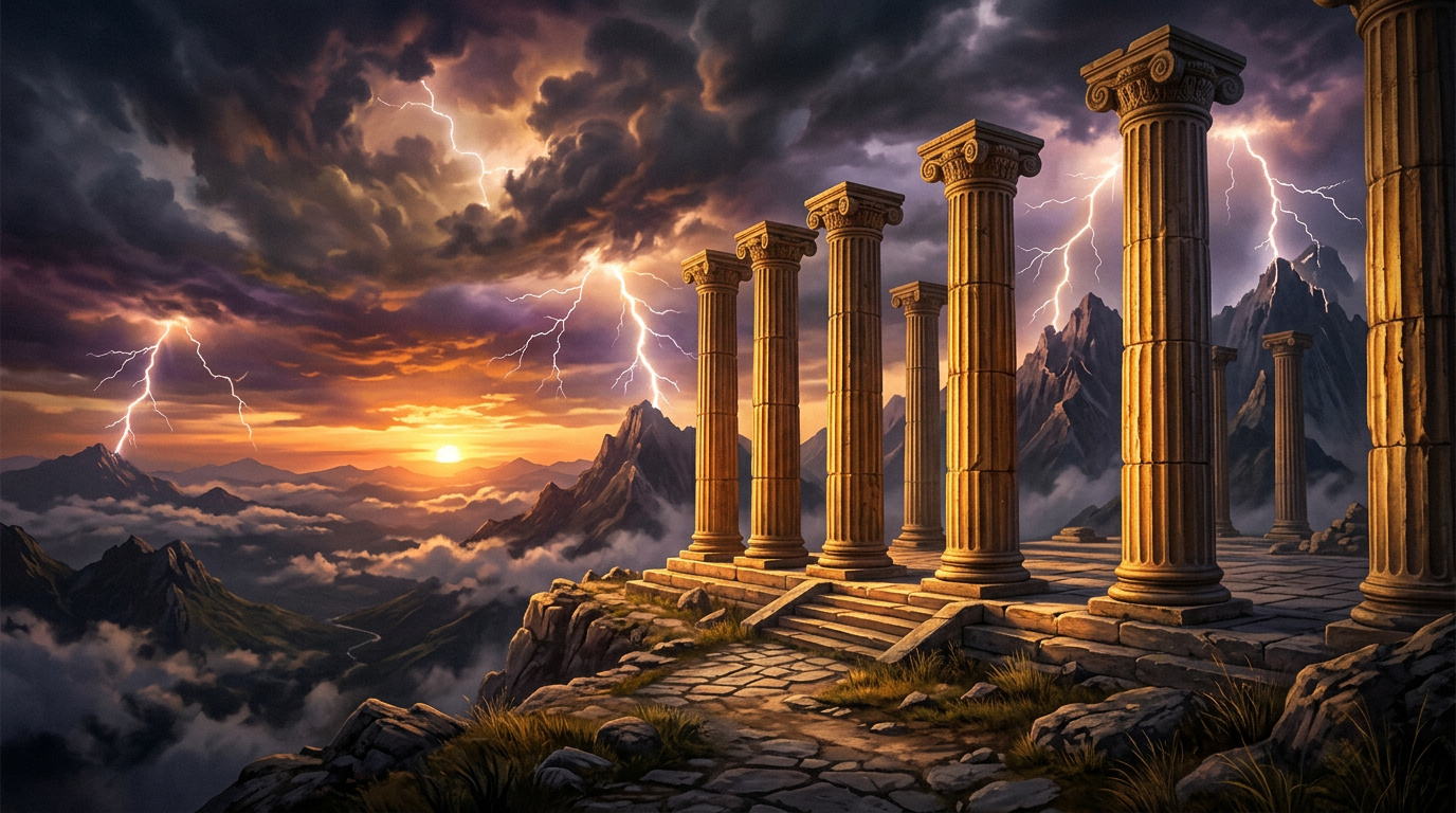 Colonne dorate del tempio di Zeus al tramonto sul Monte Olimpo