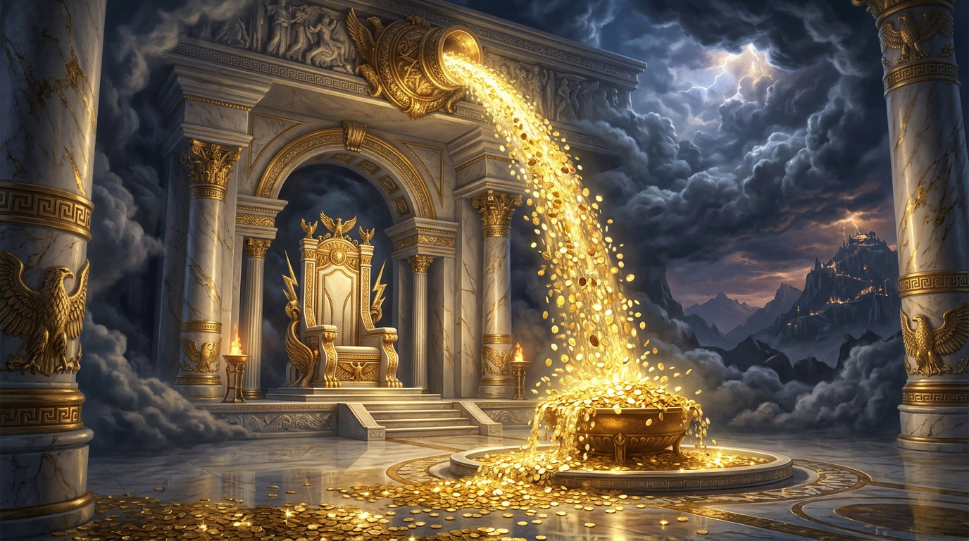 Cascata di monete dorate nella sala del trono di Zeus
