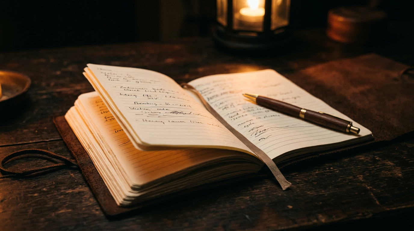 Notebook e penna caldi con luce morbida