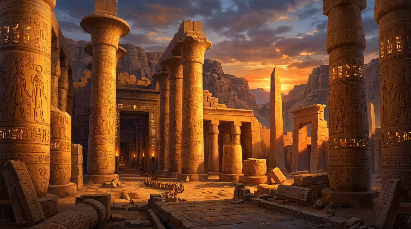Antico tempio egizio dorato con colonne geroglifiche al tramonto