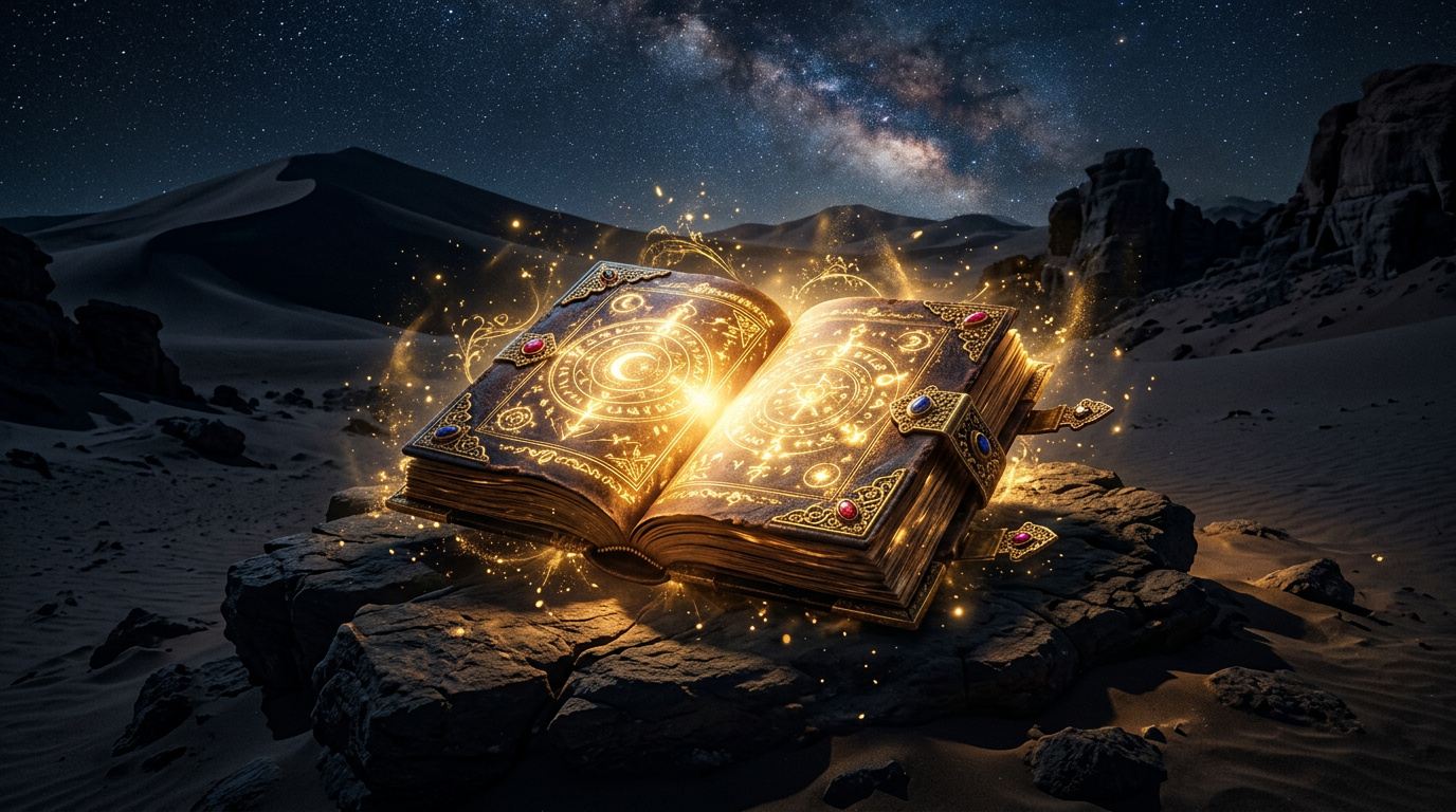 Libro antico gloeiend con luce dorata dalle pagine aperte