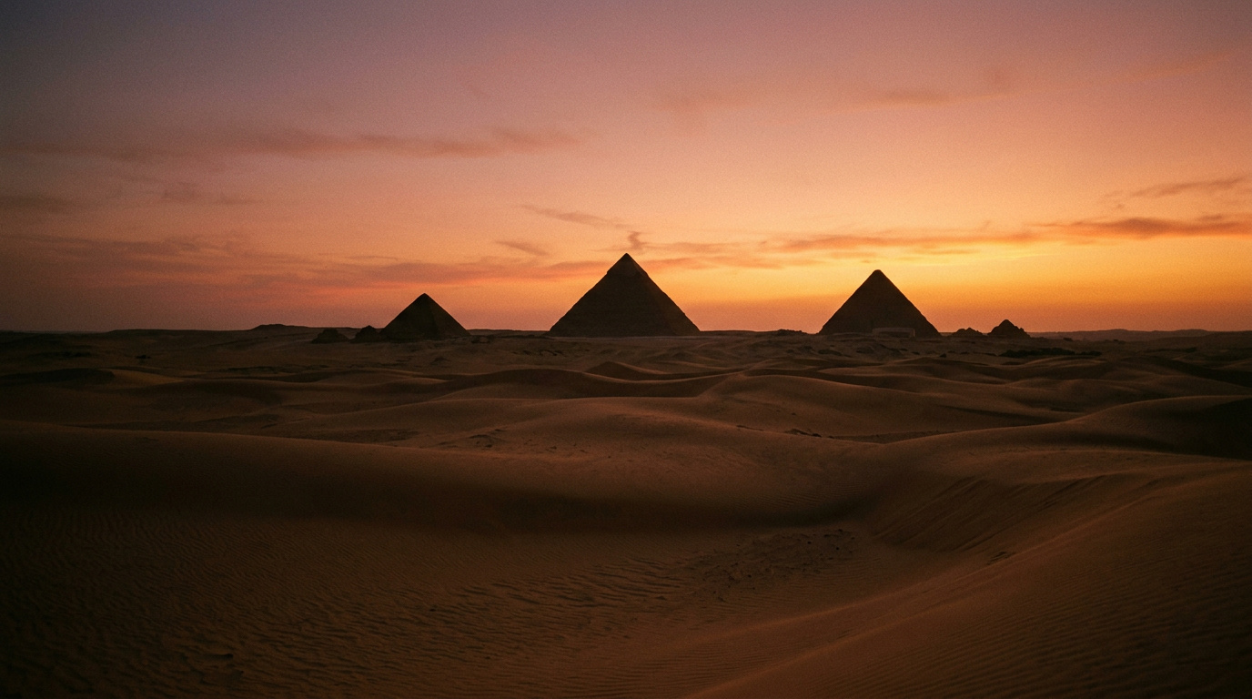 Dune di sabbia al crepuscolo con silhouette di piramide egizia