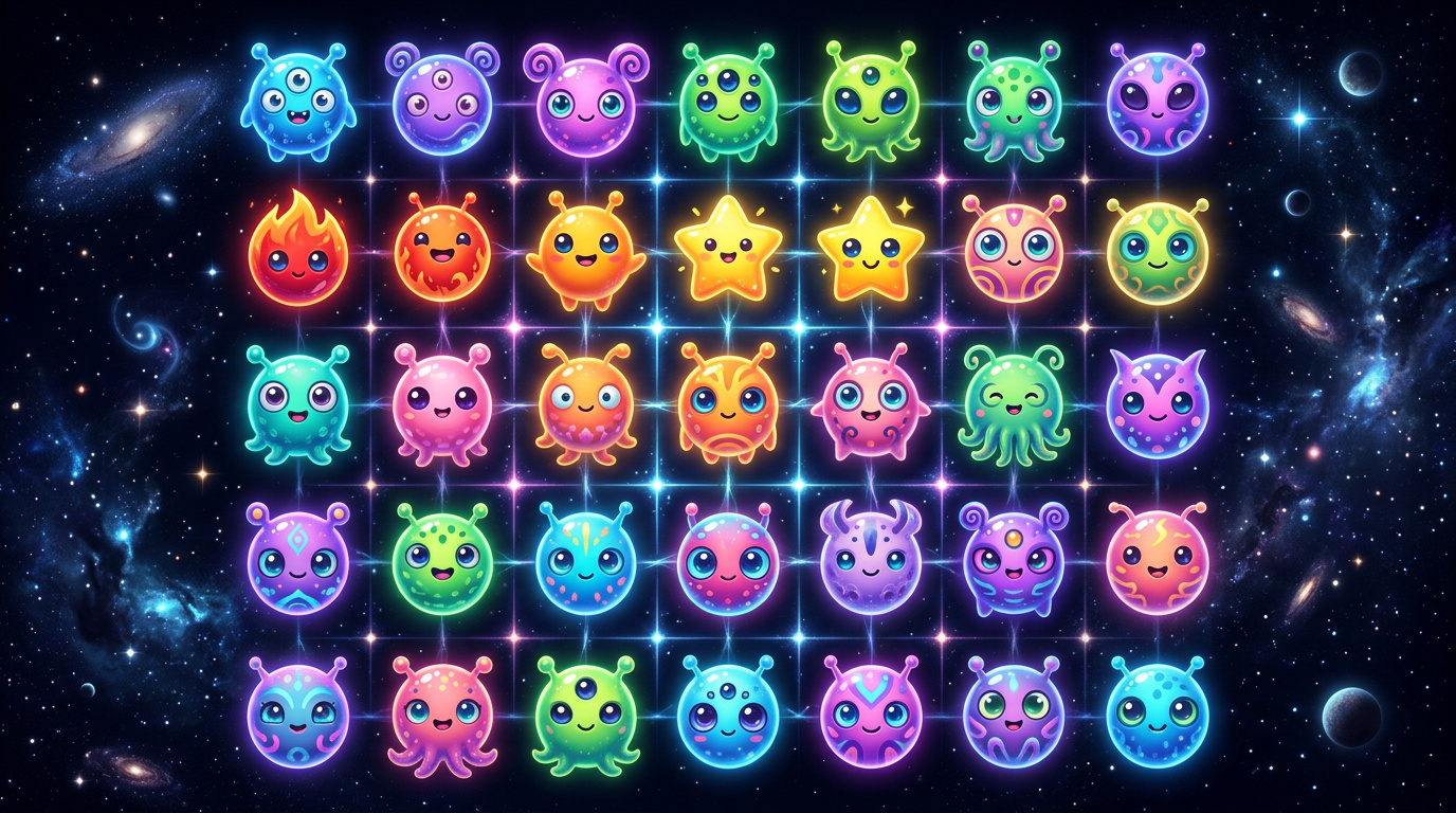 7x7-rutnät med färgglada gulliga alien-orbsymboler i klustergrupper