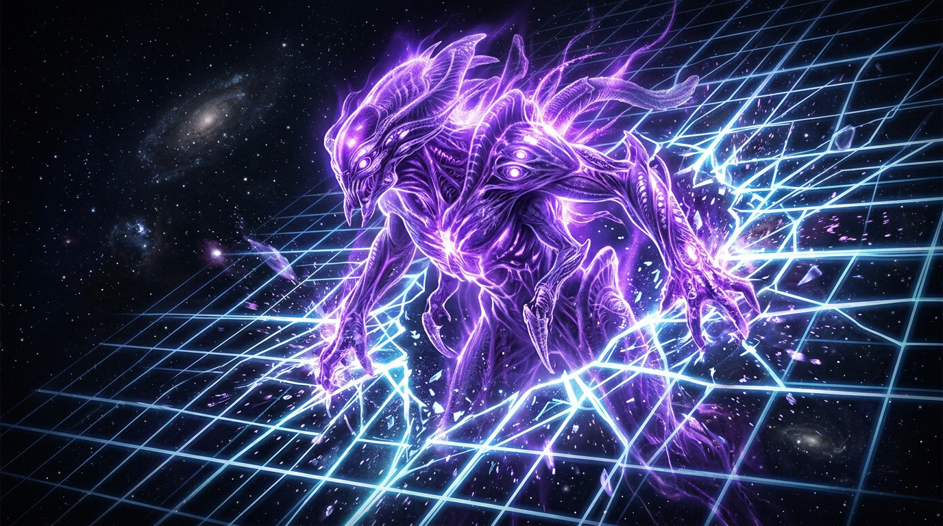 Gigantisk glödande lila alien-varelse som växer fram ur ett ljusrutnät