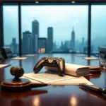 Corporate boardroom with game controller on contracts and a gavel, symbolizing the stalled EA buyout