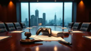 Corporate boardroom with game controller on contracts and a gavel, symbolizing the stalled EA buyout