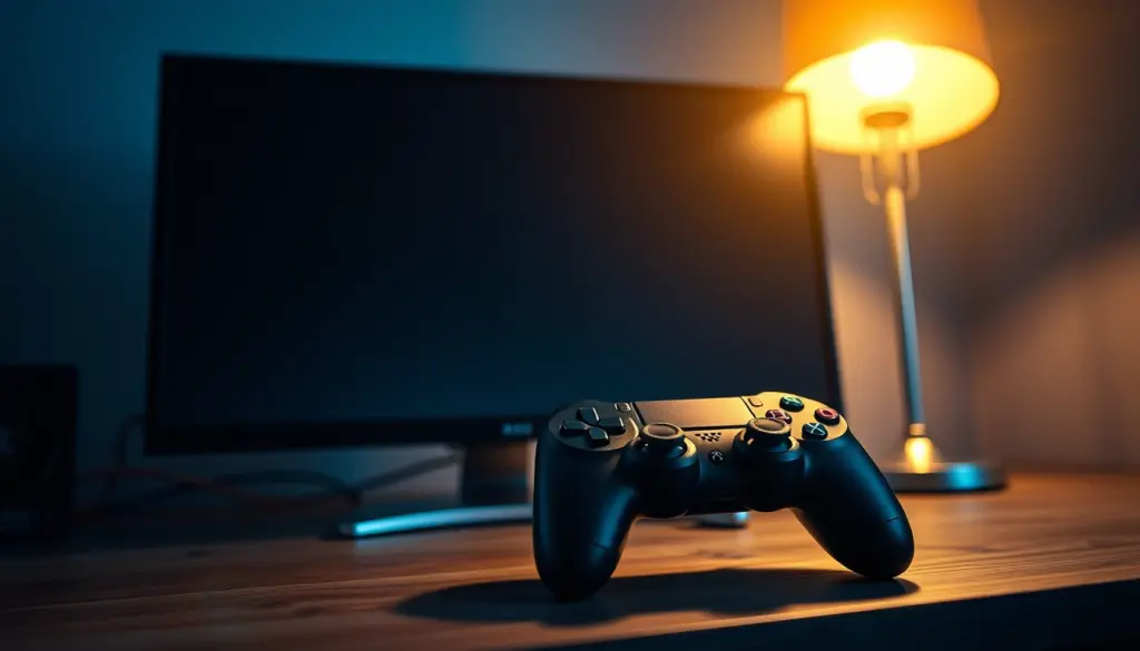 Game controller in front of a dark switched-off screen symbolizing games taken offline