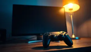 Game controller in front of a dark switched-off screen symbolizing games taken offline