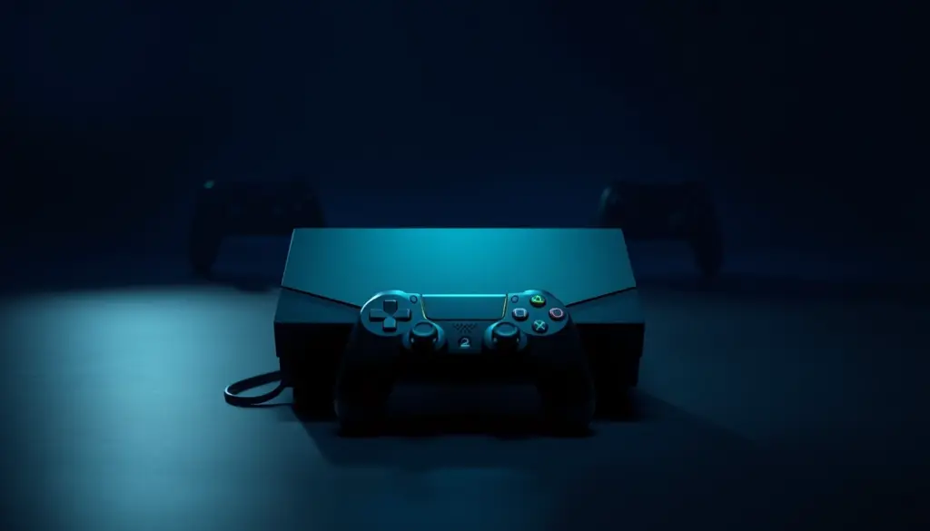 Dark gaming console with green rim lighting and a controller, with two rival console silhouettes fading into shadow in the background