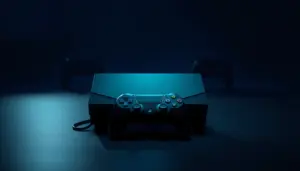 Dark gaming console with green rim lighting and a controller, with two rival console silhouettes fading into shadow in the background