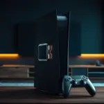 Next-generation matte-black game console with visible AMD-style processor