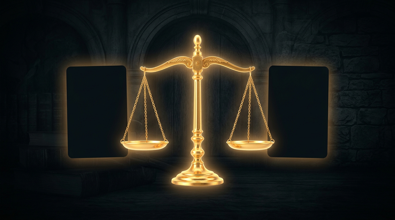 Golden scales of justice balanced between two playing card silhouettes
