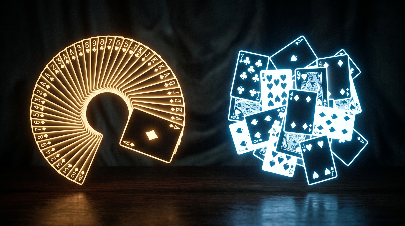 Two playing card fans, one ordered, one scattered randomly