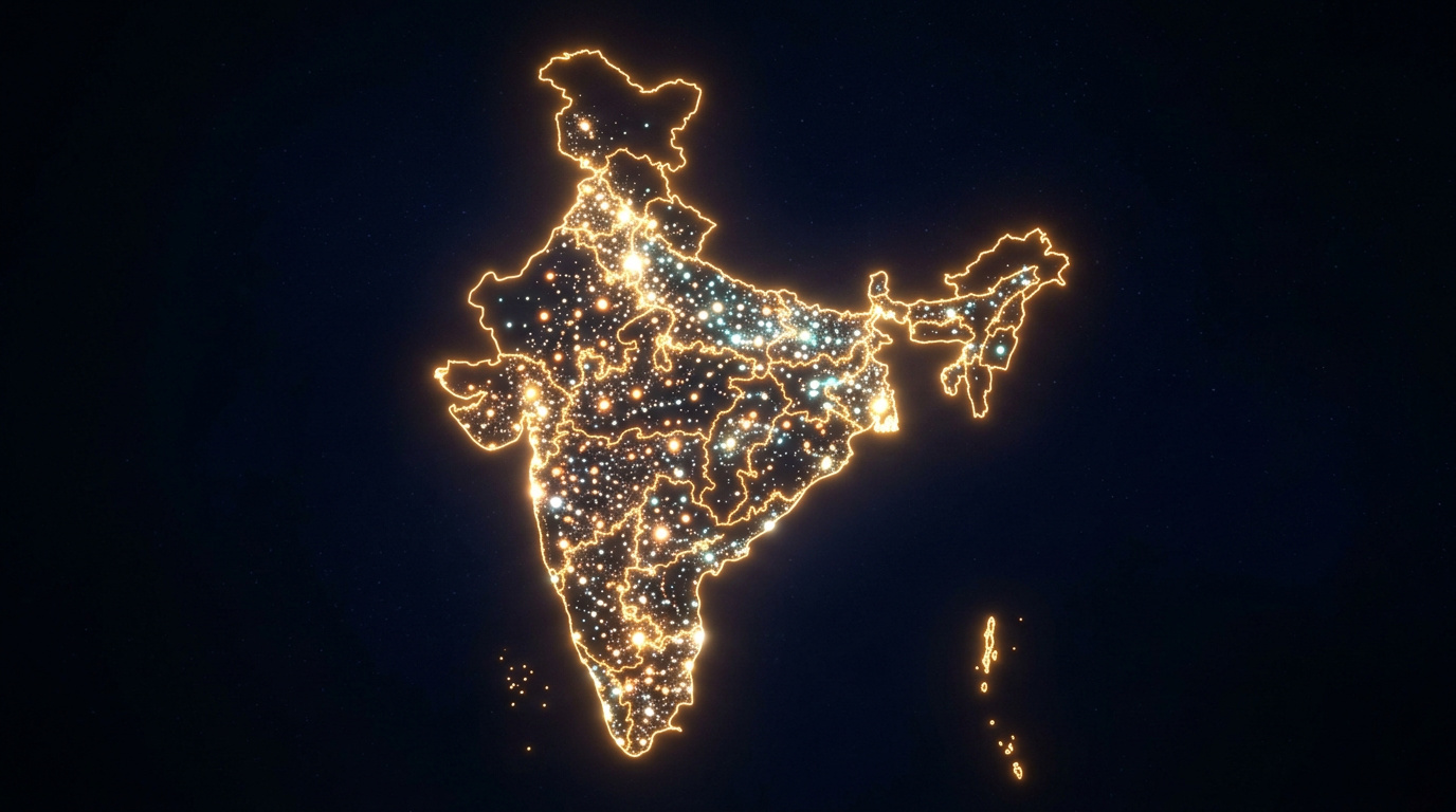 Glowing map of India outline with scattered light points