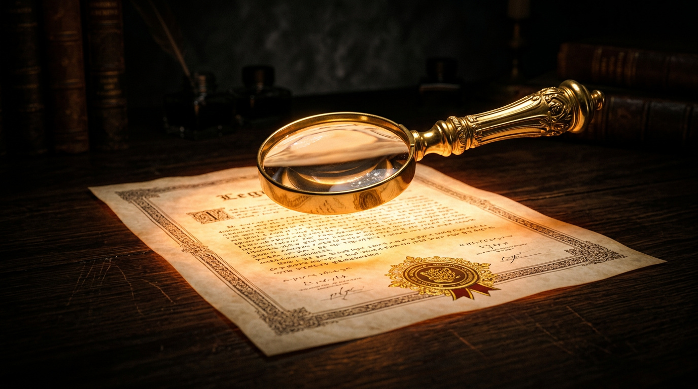 Golden magnifying glass hovering over a glowing legal document