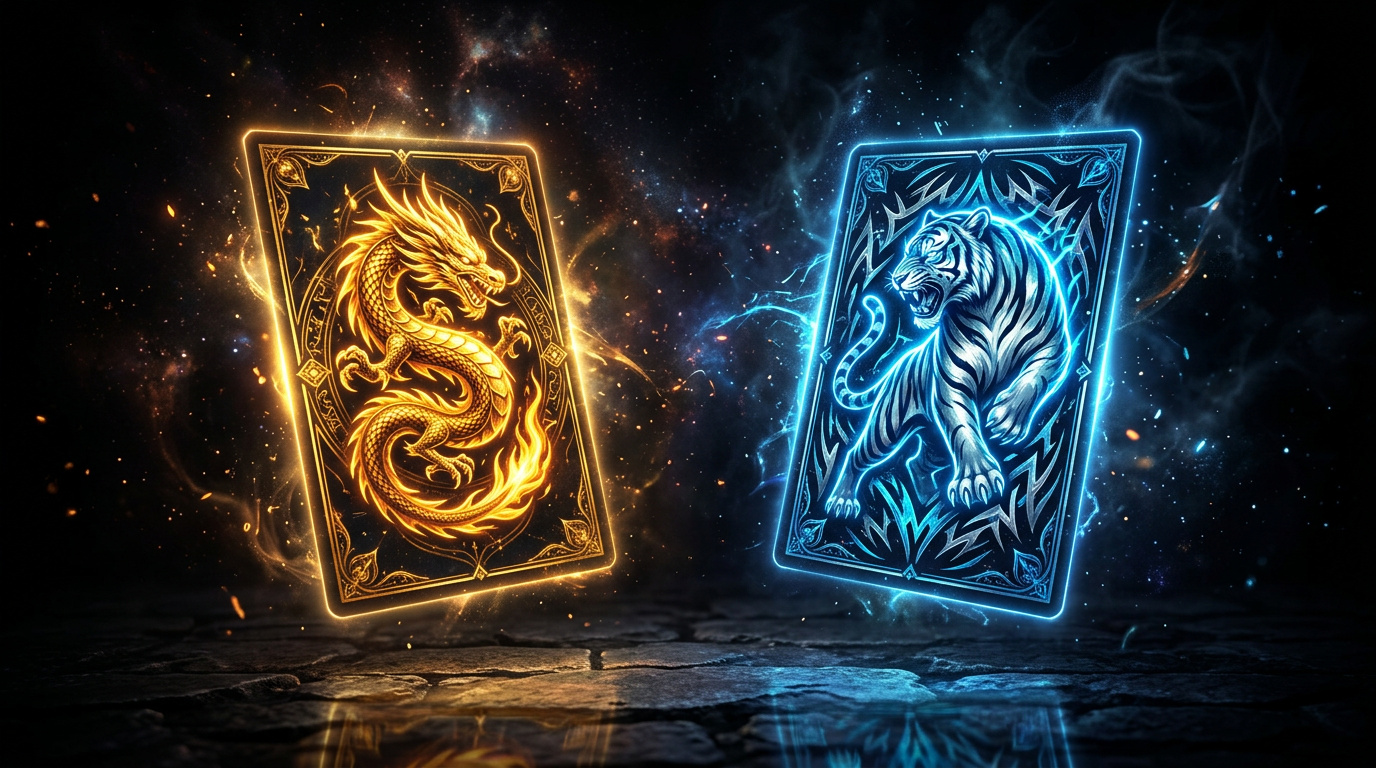 Two playing cards facing off, one dragon one tiger emblem