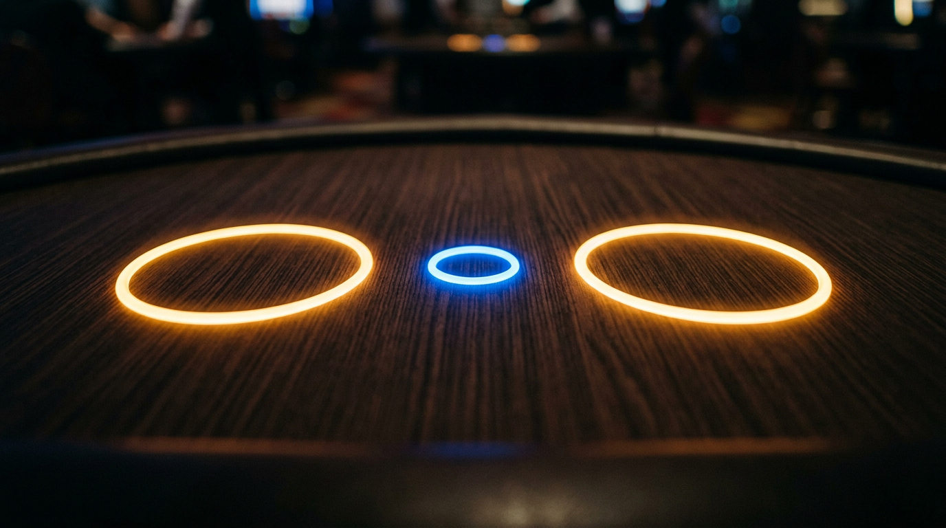 Three betting circles on a dark table, two even one small