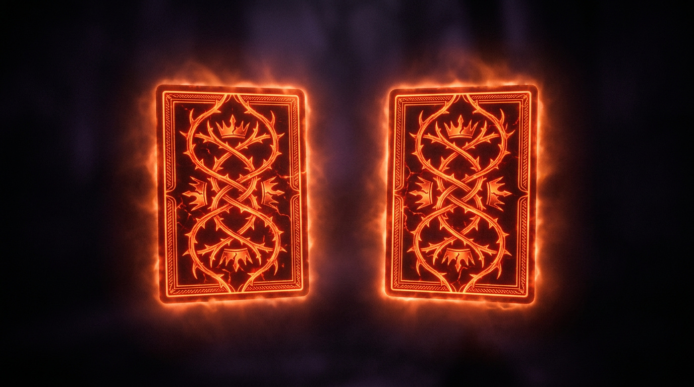 Two matching playing cards side by side with a warning glow