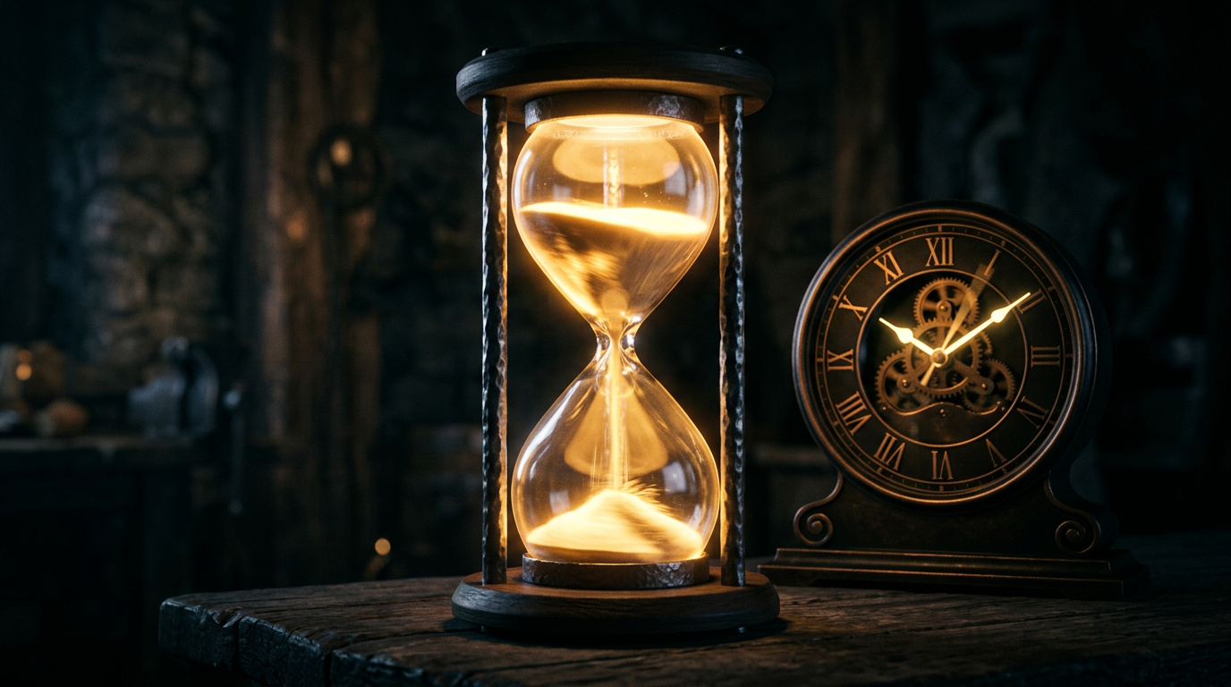 Glowing hourglass with fast falling sand and a clock