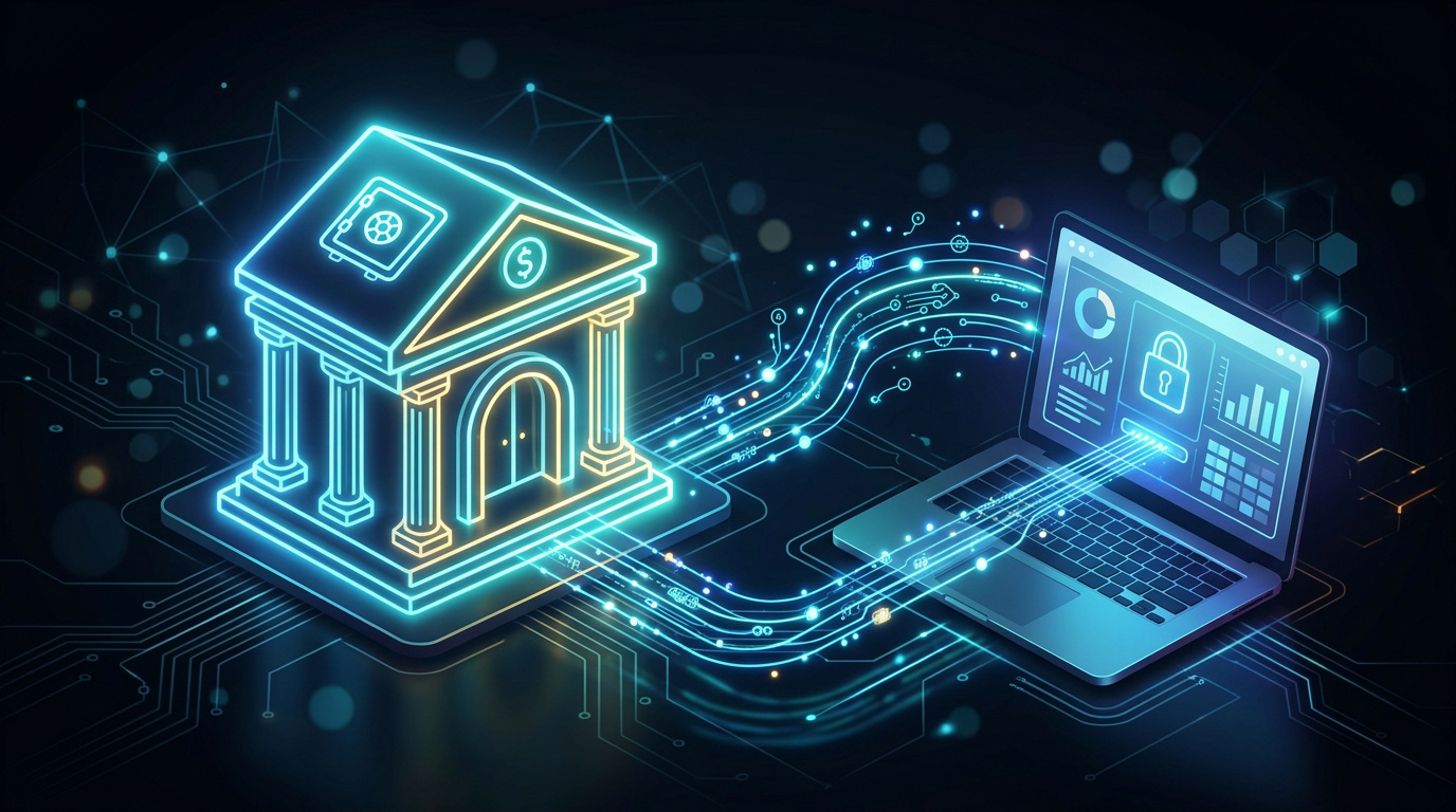 Bank building icon with secure connection lines to a laptop