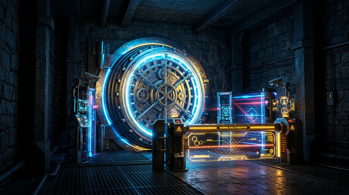 Bank vault door with a warning shield checkpoint
