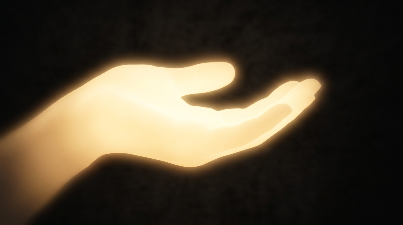 Warm glowing hand silhouette offering support