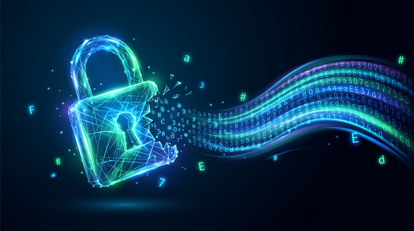 Padlock transforming into a stream of hash code characters