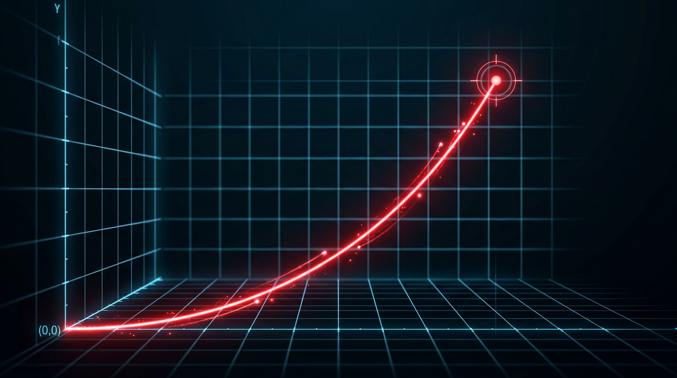 Rising red curve climbing across a grid with a fixed endpoint