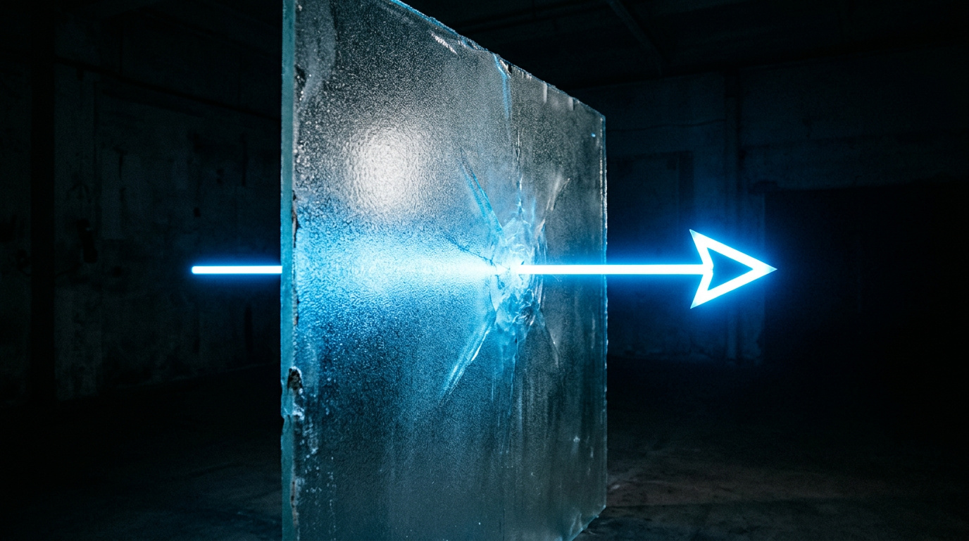 One-way arrow through a frosted glass barrier