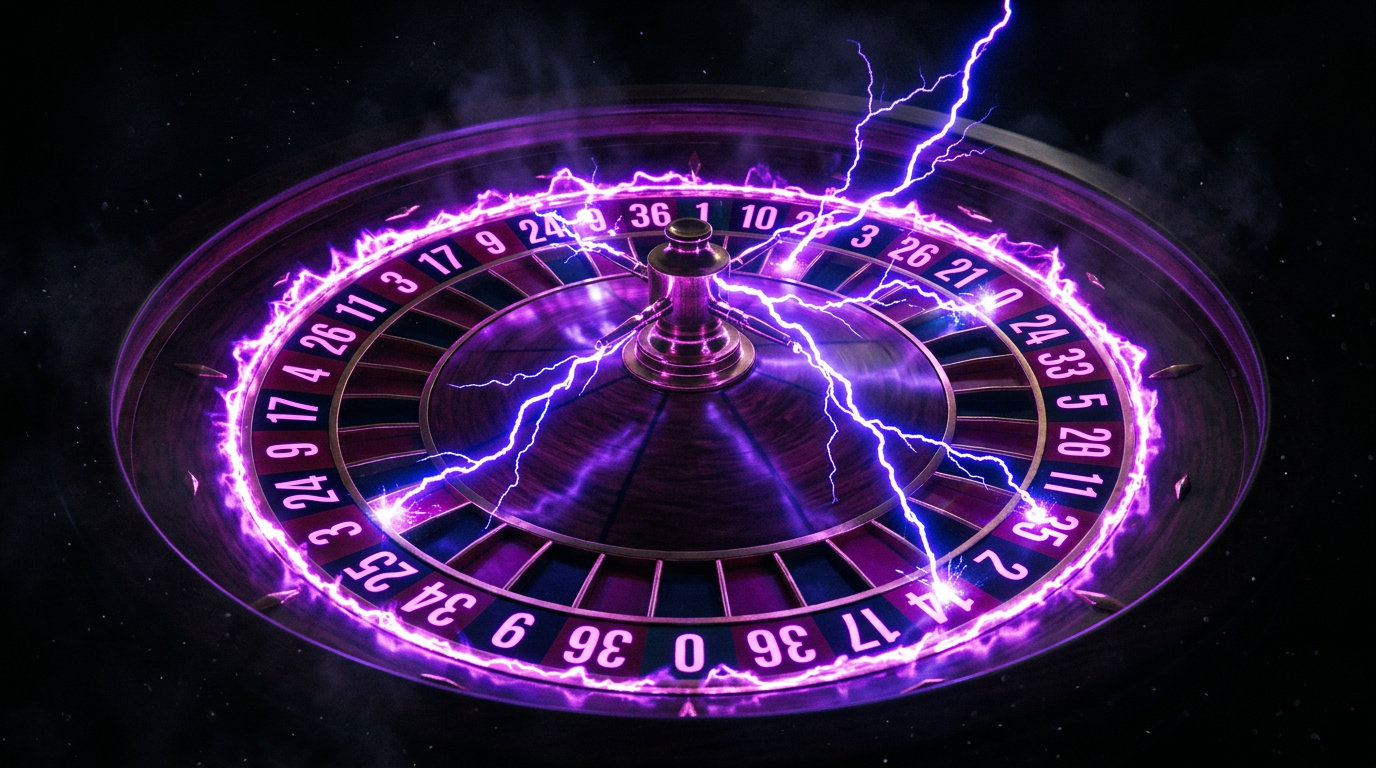 Roulette wheel with electric lightning bolts striking numbers