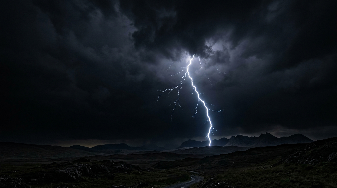 Rare single bright lightning strike in a vast dark sky