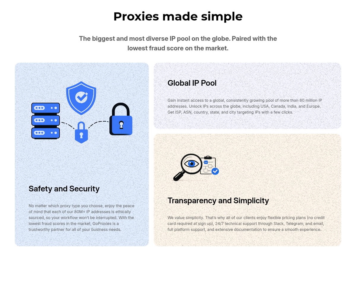 The GoProxies homepage breaks out the underlying proxy network the Scraping API draws on: residential, ISP, and datacent