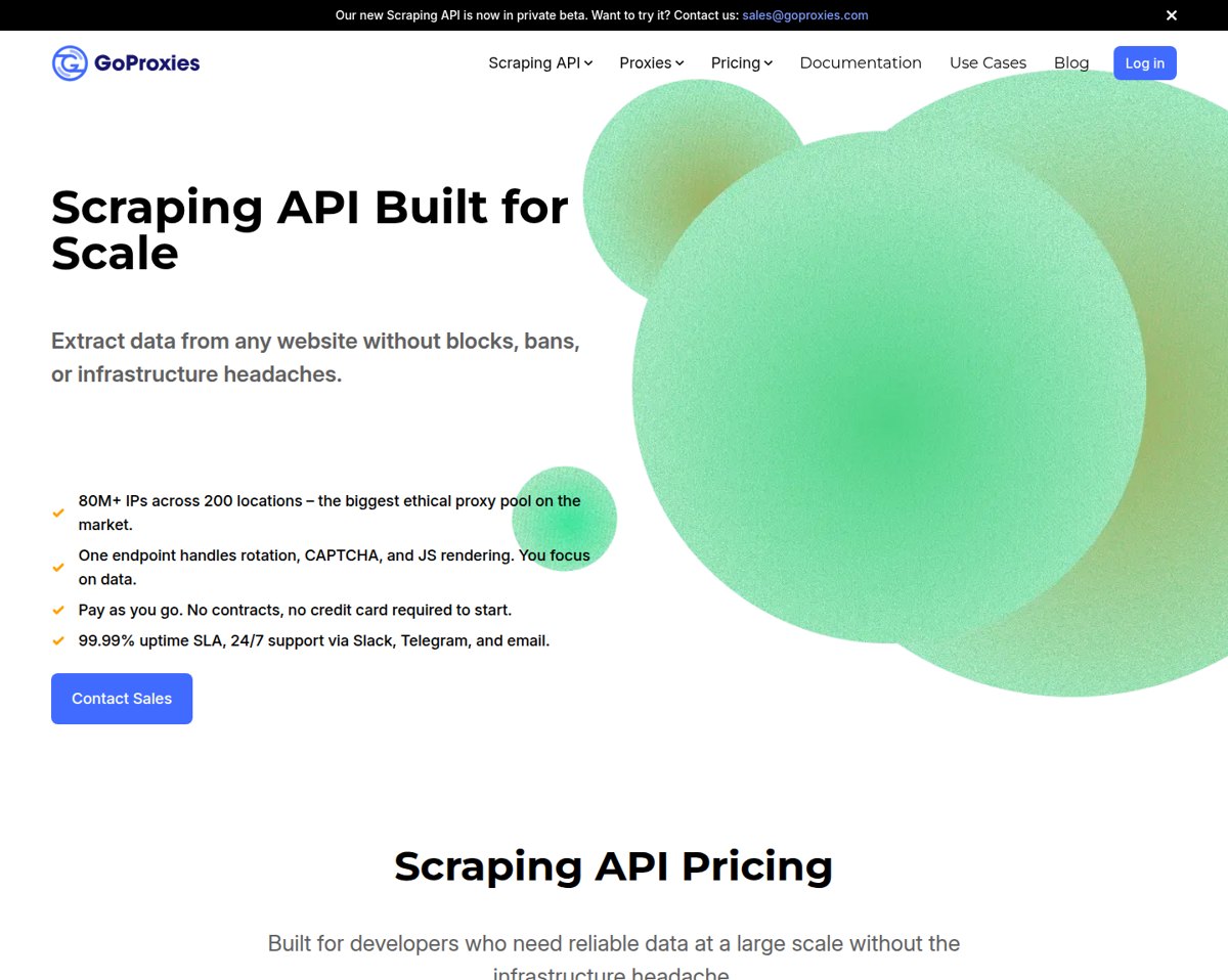 The Scraping API landing page leads with its core pitch: one endpoint that handles rotation, CAPTCHA, and JavaScript ren