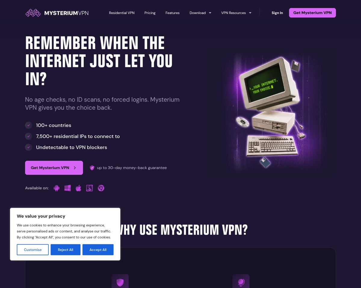 Mysterium VPN homepage, positioning the product as decentralized privacy infrastructure rather than a classic server VPN