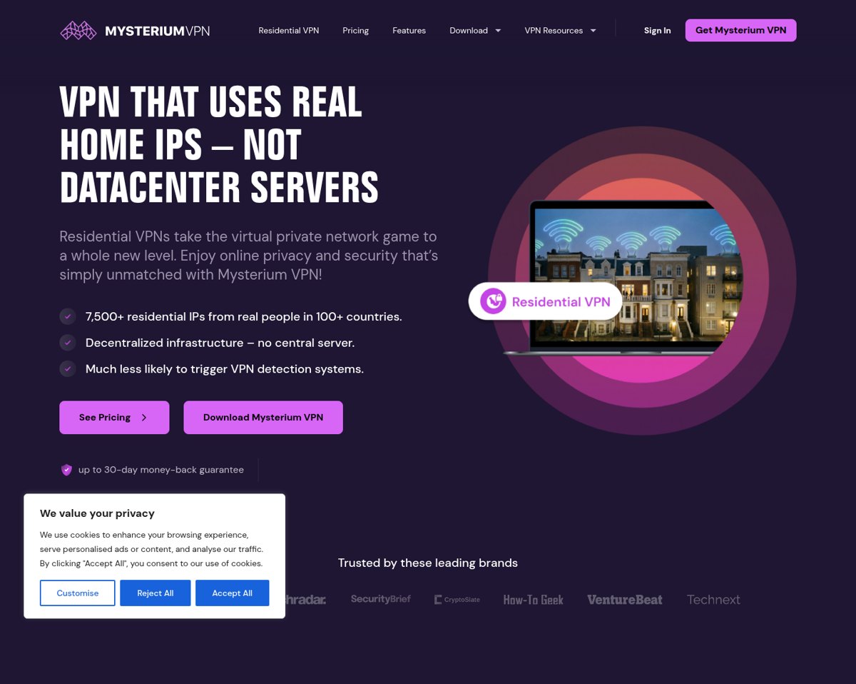 Mysterium's residential VPN landing page: real home IPs instead of datacenter servers, 7,500+ residential IPs across 100