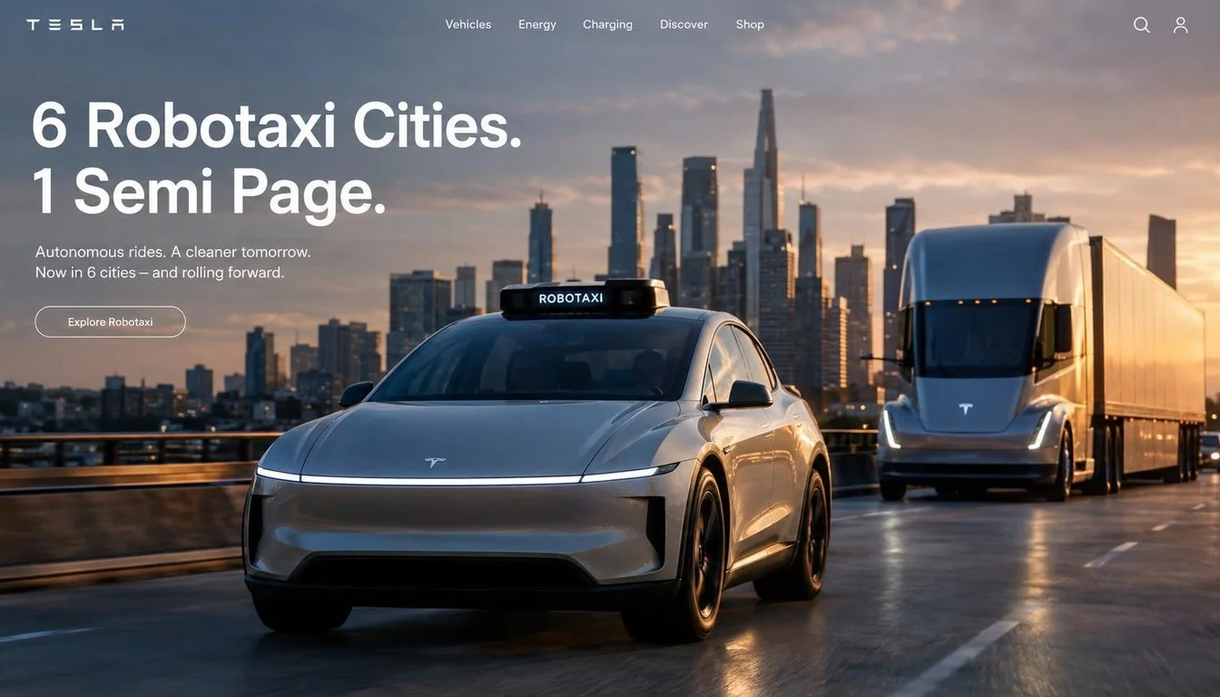 Tesla Robotaxi Website: 6 Cities, Semi Page [2026]